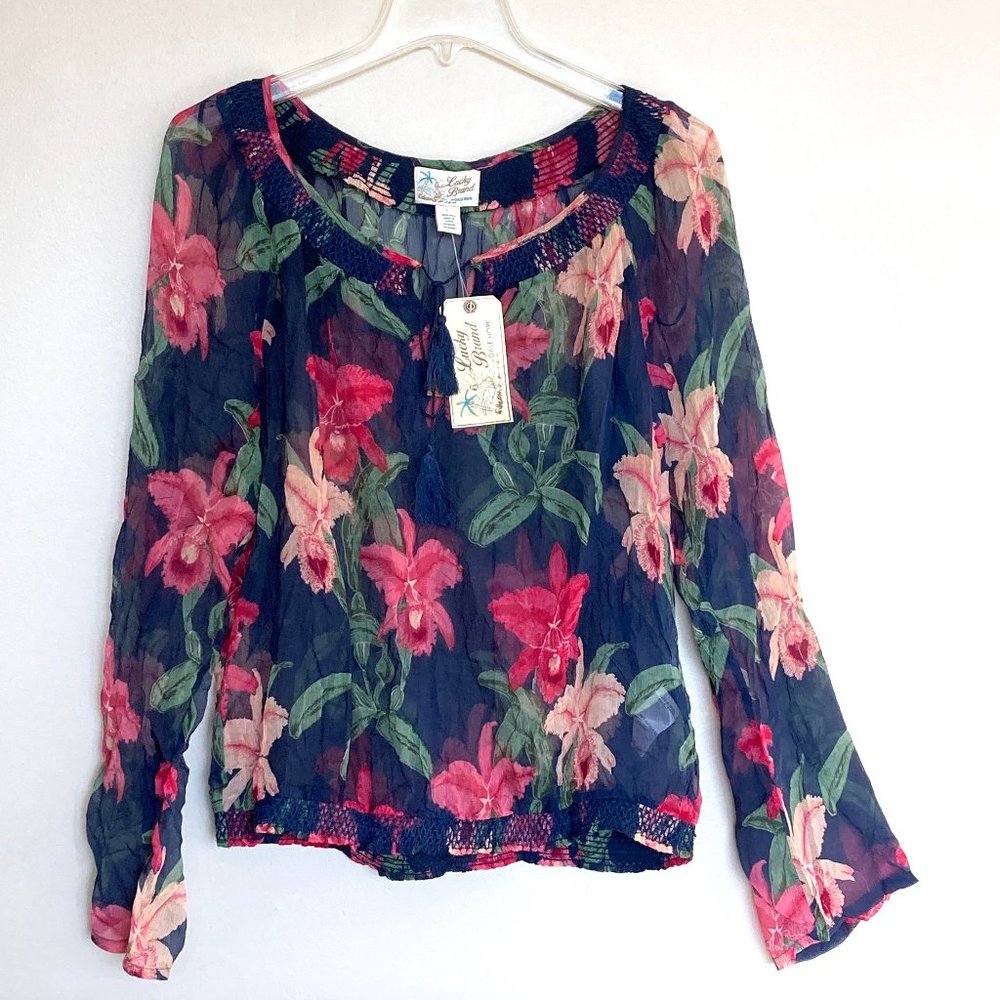NEW Lucky Brand Silk Blouse Sheer Peasant Poet Top Hawaiian Floral Shirt